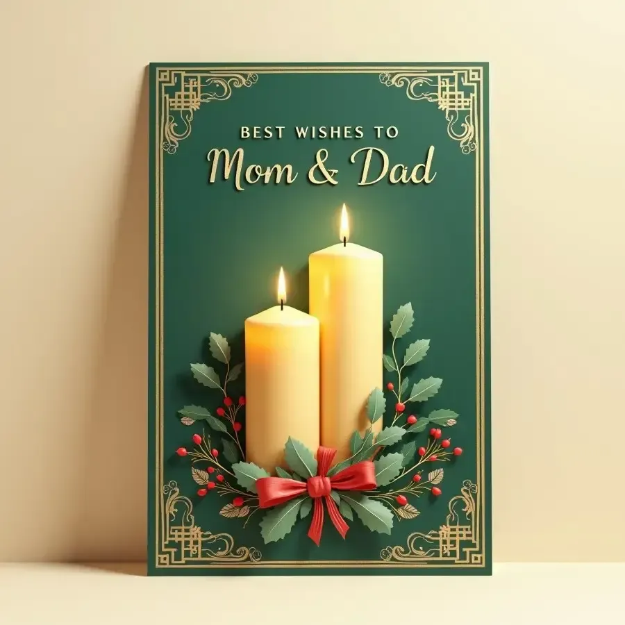 Dark green card for Mom and Dad with two glowing candles, holly, a red ribbon and a gold border.