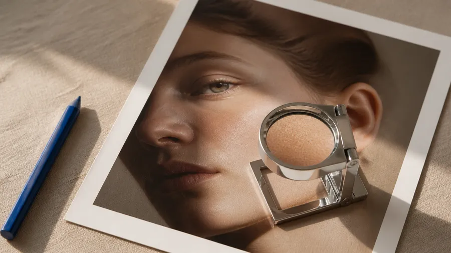 A chrome photographer's loupe magnifier resting on a glossy realistic portrait print, magnifying fine skin detail, featured image for a getimg.ai test comparing the realism of 17 AI image models.