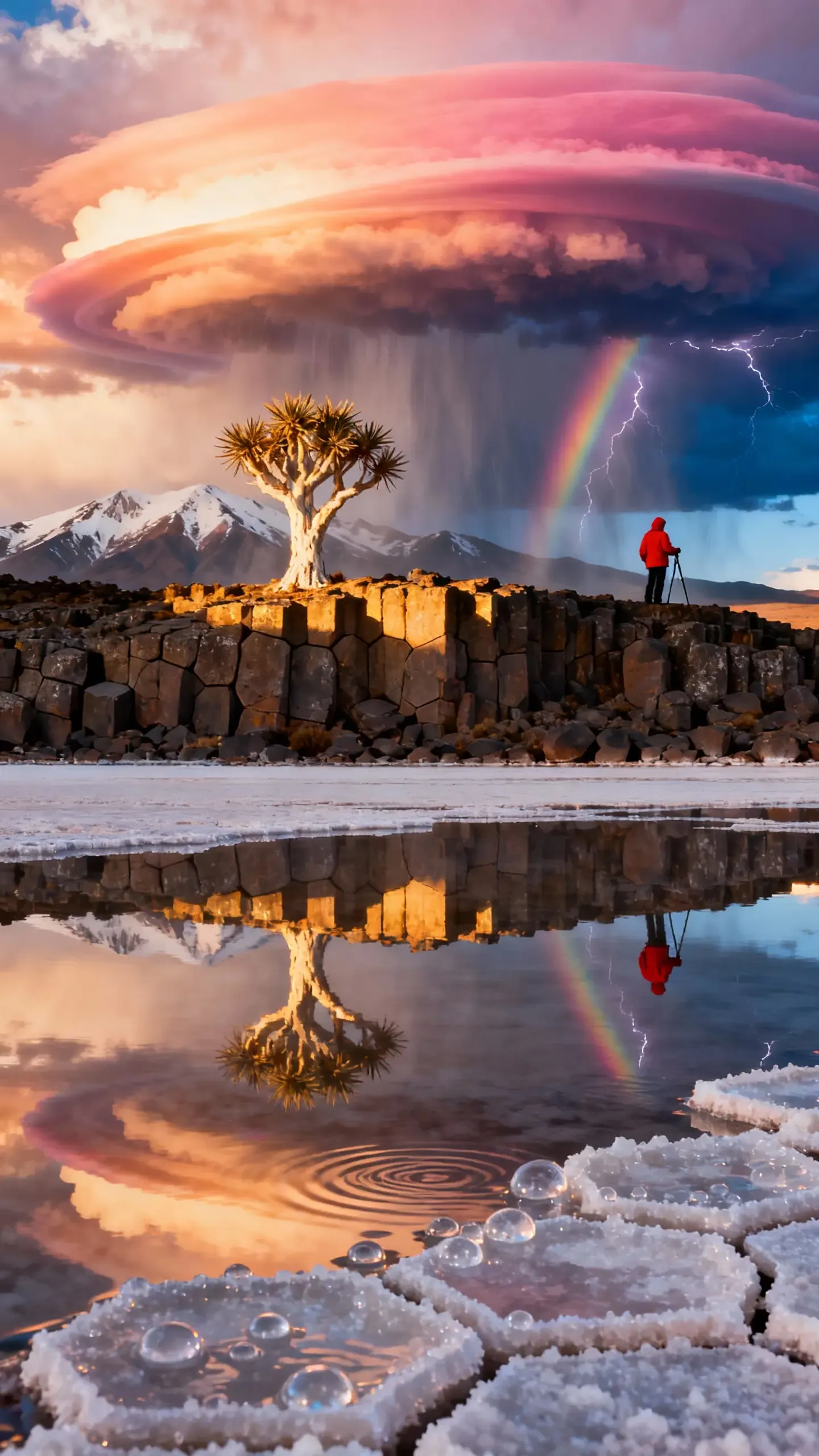 cinematic landscape with rainbow and stormy sky