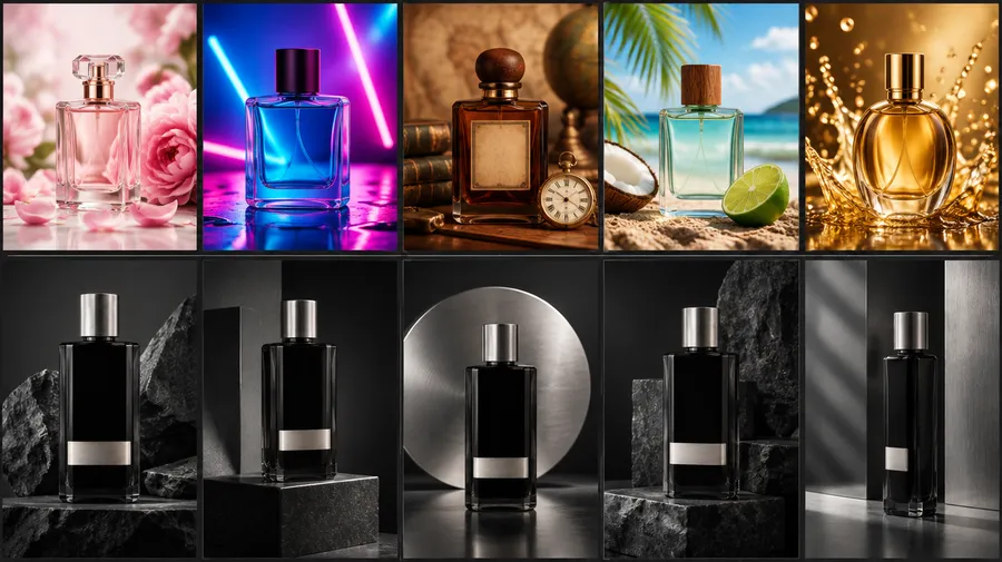 A two-row comparison: the top row shows five clashing perfume styles that look like different brands, and the bottom row shows five consistent black-and-silver bottle shots, illustrating why committing to one visual direction beats scattered one-off images. Generated with getimg.ai.