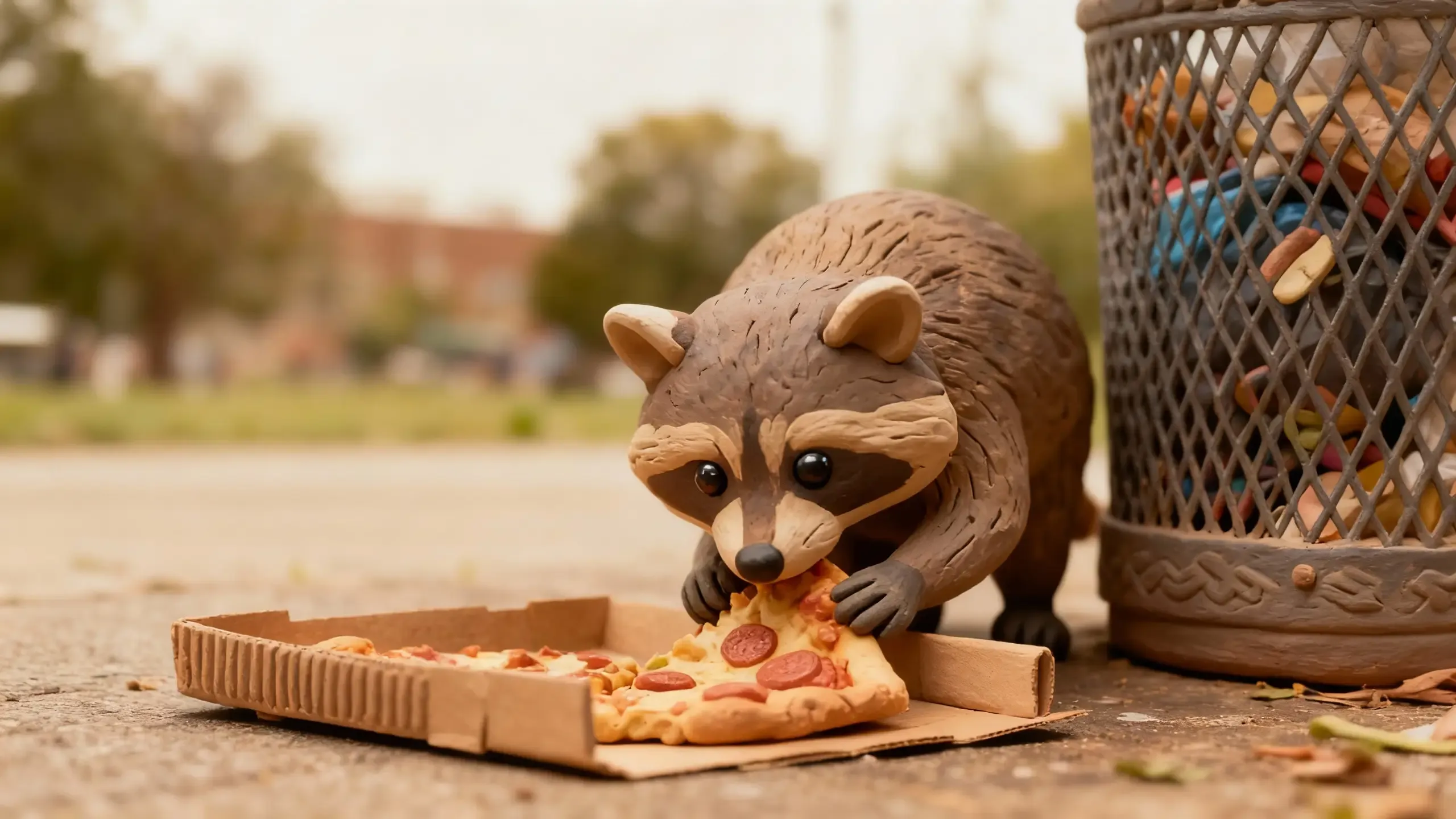 clay raccoon eats pizza by trash can