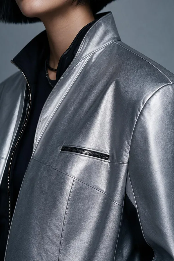 AI-generated close-up of the character's metallic silver leather jacket, showing the stand collar, front zip and a tailored welt pocket, a campaign detail shot from getimg.ai.