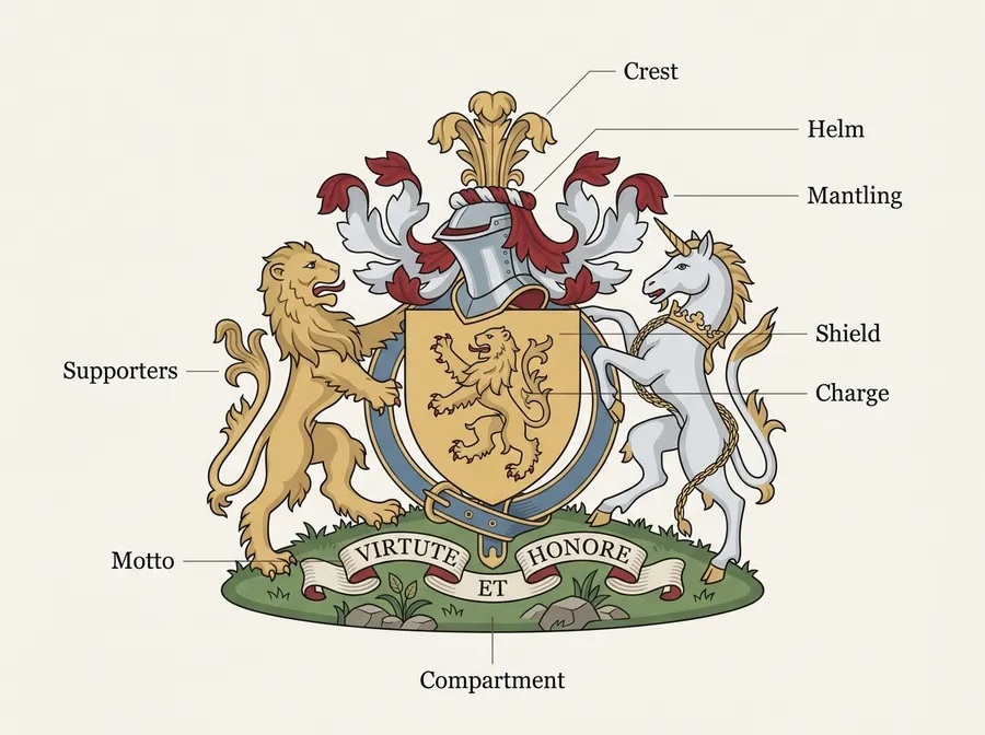 Labeled anatomy diagram of a coat of arms: crest, helm, mantling, shield, charge, supporters, motto and compartment. Made with getimg.ai.