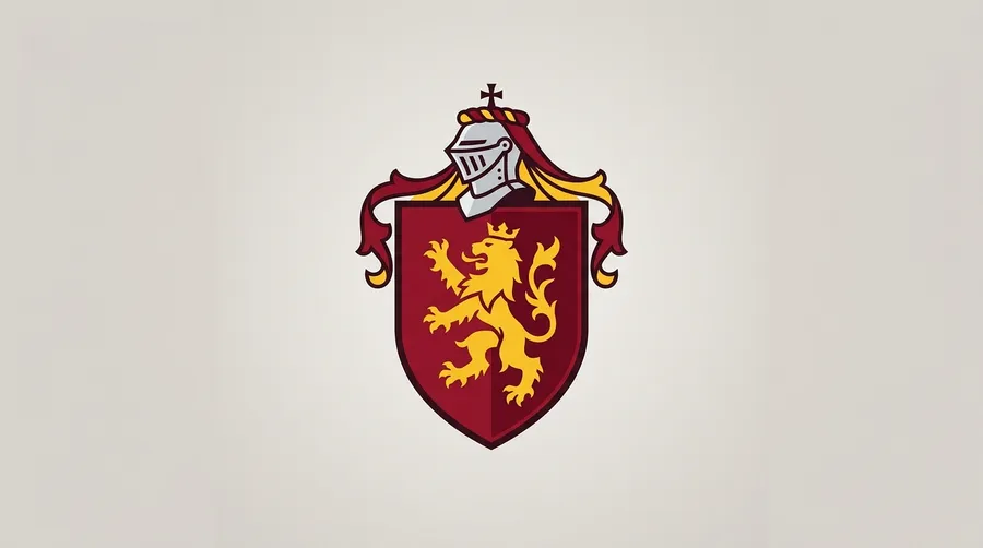 Simple high-contrast coat of arms: a gold lion on a deep red shield with a minimal silver helm. An AI crest made with getimg.ai.