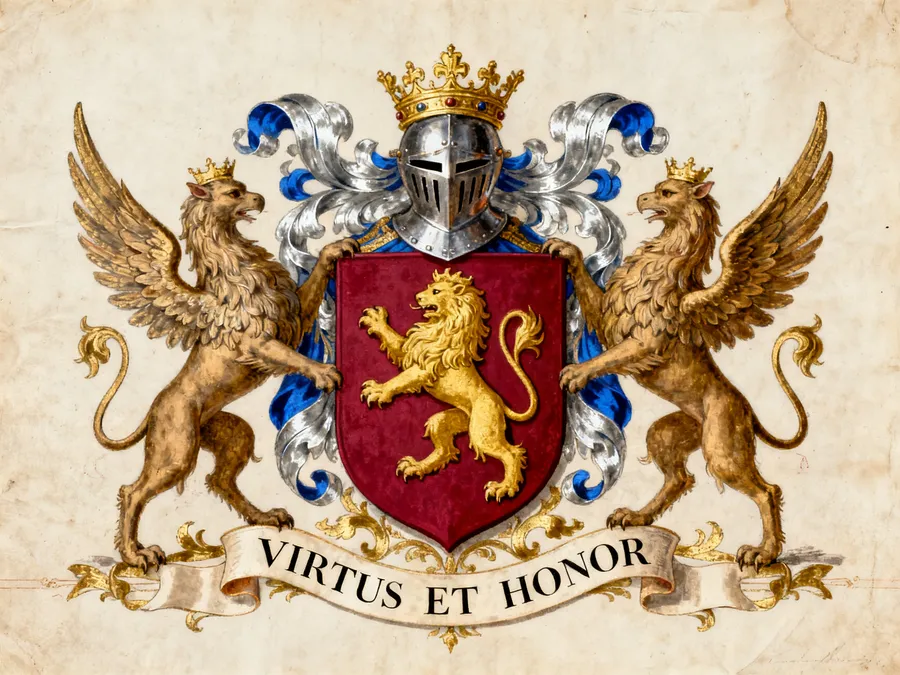 Heraldic coat of arms with a gold lion on a red shield, griffin supporters, a crown and a motto banner. An AI crest made with getimg.ai.