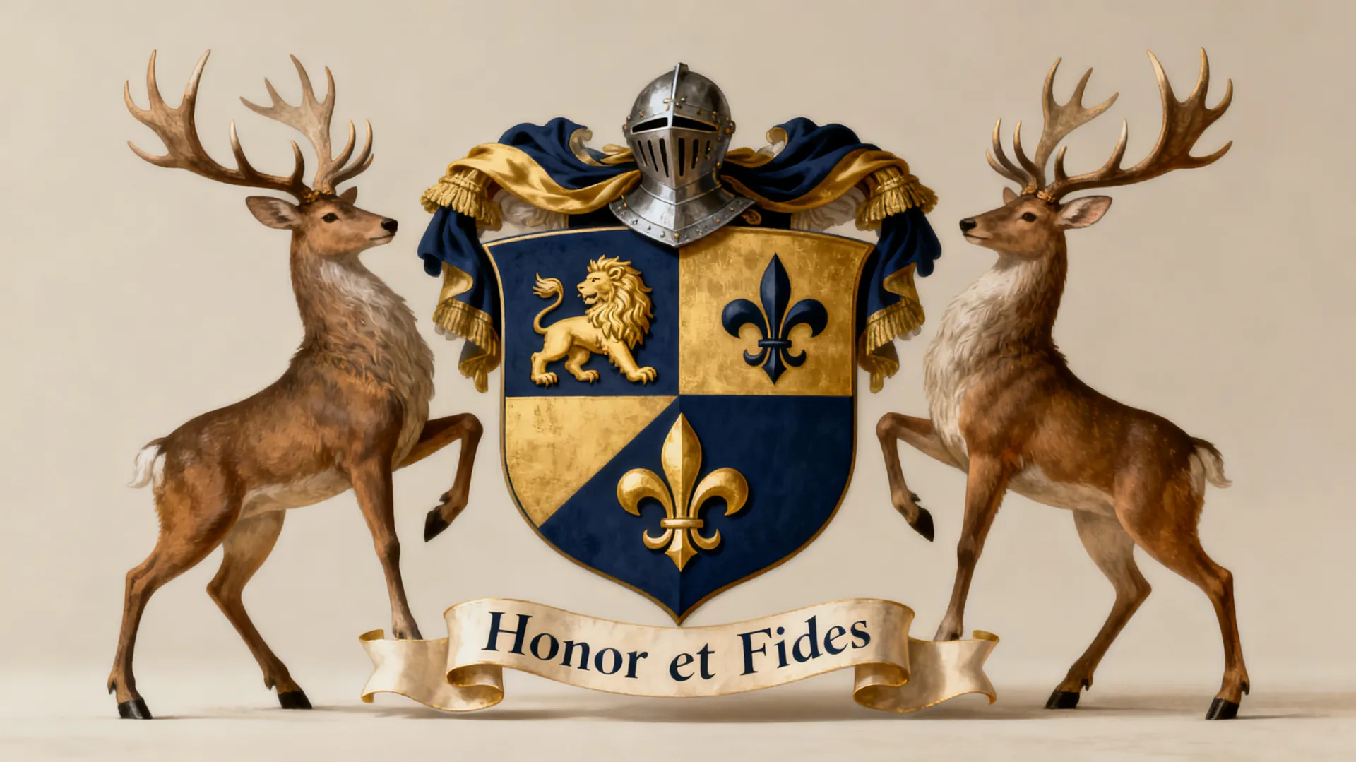 Family coat of arms on a quartered navy and gold shield with a lion, fleur-de-lis and stag supporters. Made with getimg.ai.