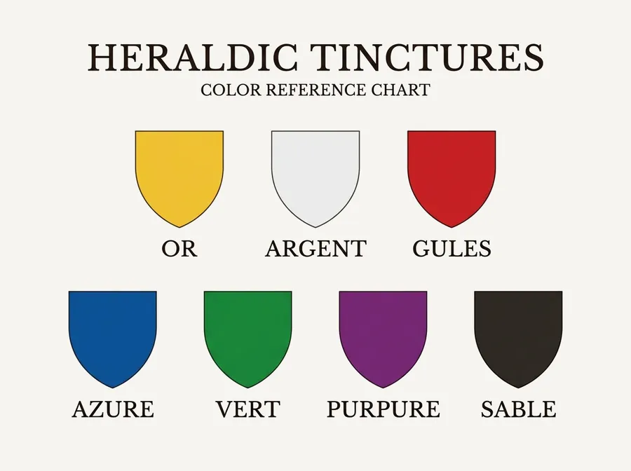Heraldic tincture chart showing seven shields for Or, Argent, Gules, Azure, Vert, Purpure and Sable. Made with getimg.ai.
