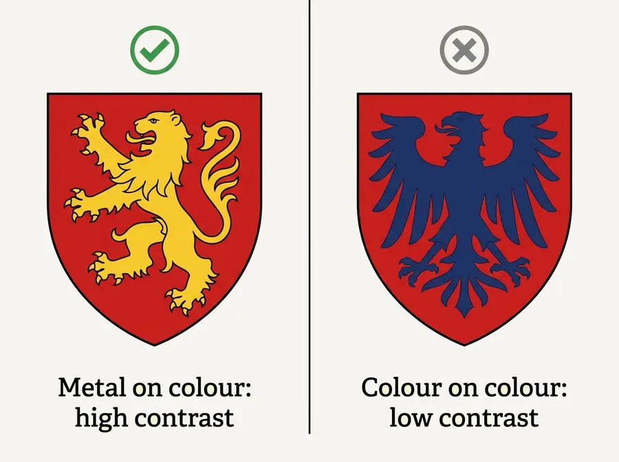 Rule of tincture comparison: a gold lion on a red shield (high contrast) beside a blue eagle on a red shield (low contrast). Made with getimg.ai.