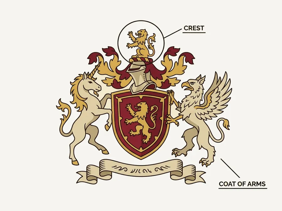 Heraldry diagram labeling the figure above the helm as the crest versus the whole coat of arms, made with getimg.ai.