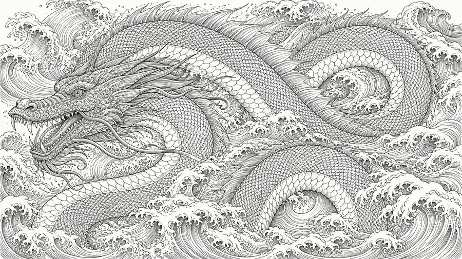 Detailed line art of a colossal sea serpent amid swirling ocean waves, generated with getimg.ai's AI line art generator