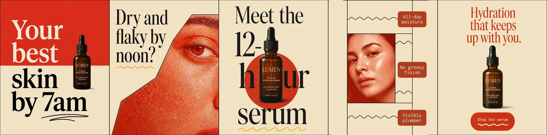 A cohesive five-slide Instagram carousel for a hydration serum, unified by a cream and terracotta palette and consistent serif type across every slide. It flows from 'Your best skin by 7am' to a dry-skin slide, a 'Meet the 12-hour serum' product shot, a benefits slide, and a 'Shop the serum' call to action. Generated with AI on getimg.ai as an example of a consistent Instagram carousel.