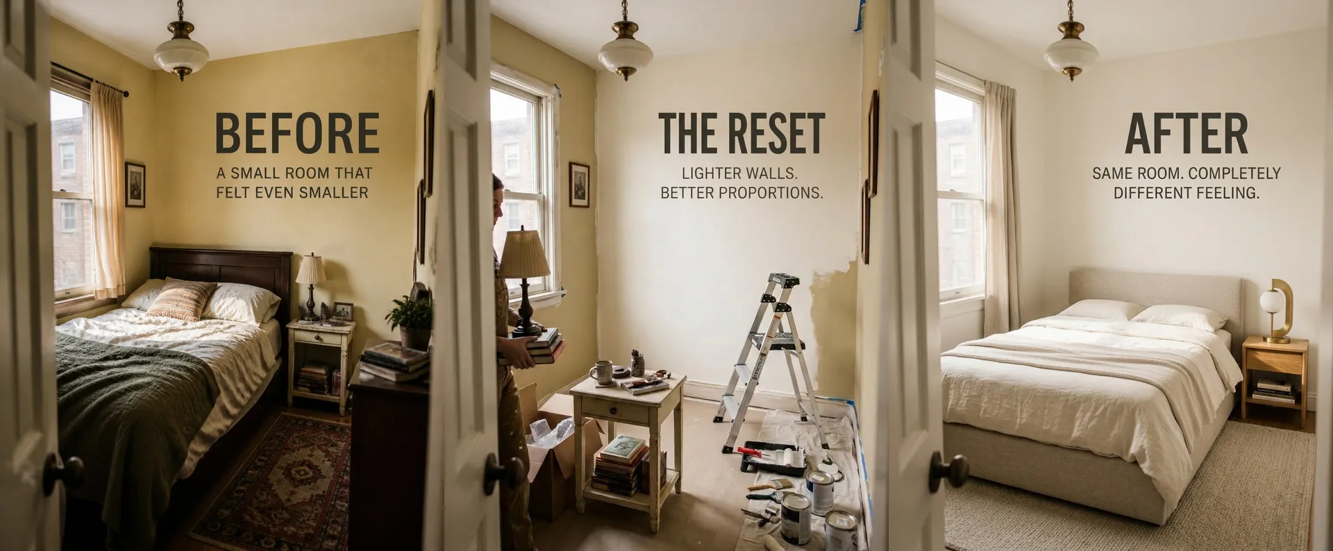 A three-slide before-and-after Instagram carousel of a small bedroom makeover, labelled BEFORE (a cramped room with dark walls and clutter), THE RESET (mid-repaint with a step ladder and lighter walls), and AFTER (the same room bright and calm with neutral bedding). A consistent storytelling carousel generated with AI on getimg.ai.