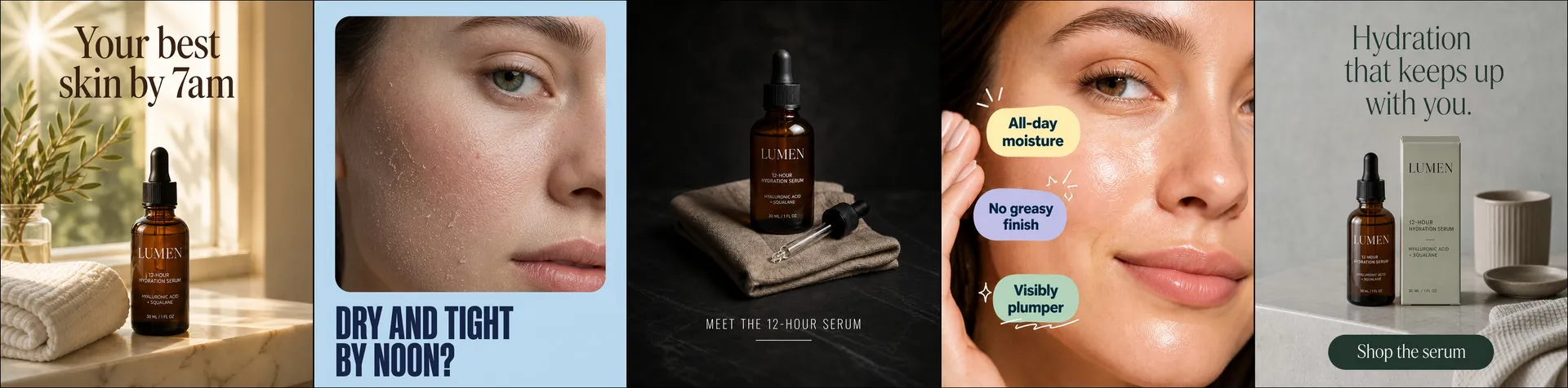 A five-slide Instagram carousel for a hydration serum where every slide uses a different background, color, and font, an example of an inconsistent AI-generated carousel. The slides jump from a warm window scene to a blue dry-skin close-up, a dark product shot, a portrait with pastel callouts, and a grey shop-the-serum panel. Generated on getimg.ai to show what to avoid when making Instagram carousel images with AI.