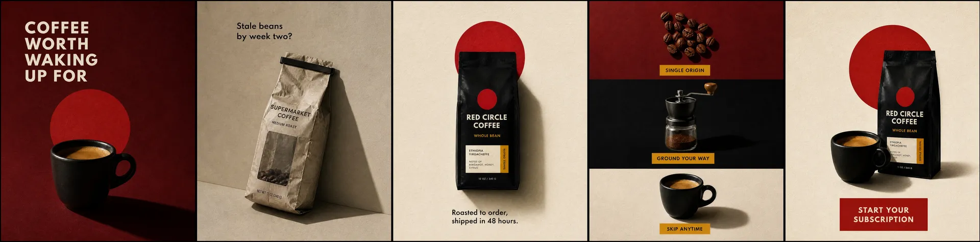 A cohesive five-slide Instagram carousel for Red Circle Coffee, tied together by a deep red, black, and cream palette and a repeating red-circle logo. The slides show an espresso cup, a stale supermarket coffee bag, the branded whole-bean pouch, a grinder with product benefits, and a 'Start your subscription' call to action. AI-generated carousel images made on getimg.ai for a coffee brand.