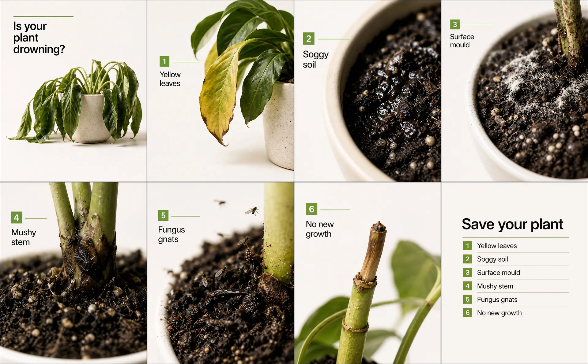 An eight-panel educational Instagram carousel titled 'Is your plant drowning?' that walks through six signs of overwatering: yellow leaves, soggy soil, surface mould, a mushy stem, fungus gnats, and no new growth, closing with a numbered 'Save your plant' recap. Cream panels with green accents and close-up houseplant photos, generated with AI on getimg.ai as an educational carousel example.