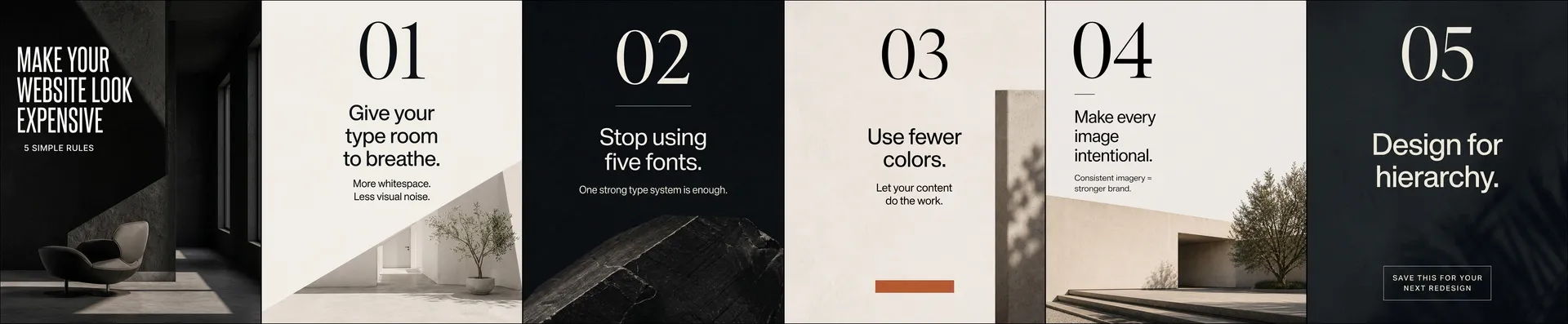 A six-slide Instagram carousel titled 'Make your website look expensive, 5 simple rules,' with large serif numerals 01 to 05 over minimalist architecture and interior photos in a black, cream, and beige palette. The rules cover whitespace, one type system, fewer colors, intentional imagery, and designing for hierarchy. An AI-generated tips carousel made on getimg.ai.