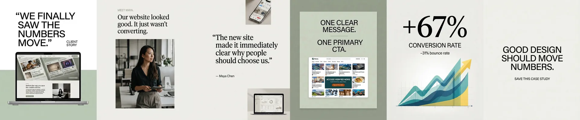A six-slide client case-study Instagram carousel in a sage green and cream palette, opening with 'We finally saw the numbers move,' introducing client Maya Chen, a testimonial quote, a 'One clear message, one primary CTA' website mockup, a results chart showing a 67% higher conversion rate and 31% lower bounce rate, and a closing 'Good design should move numbers' slide. AI-generated carousel created on getimg.ai.