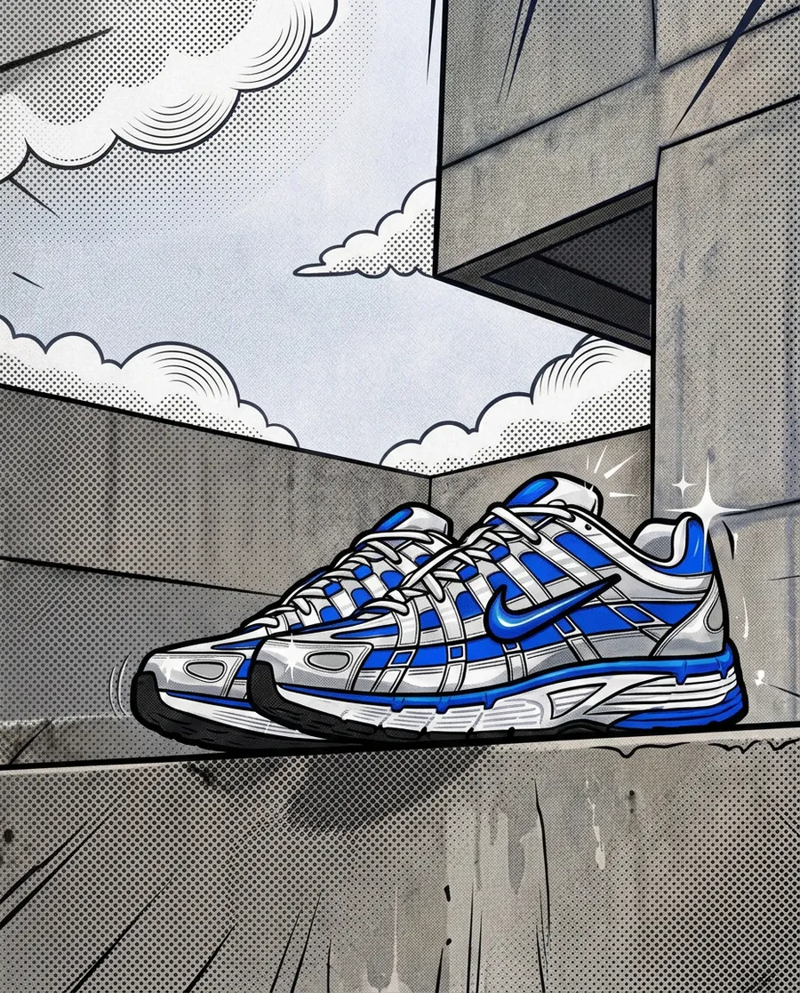comic-book illustration of blue-and-white running sneakers on a concrete ledge in a brutalist architectural setting, with halftone shading and bold outlines, restyled with getimg.ai