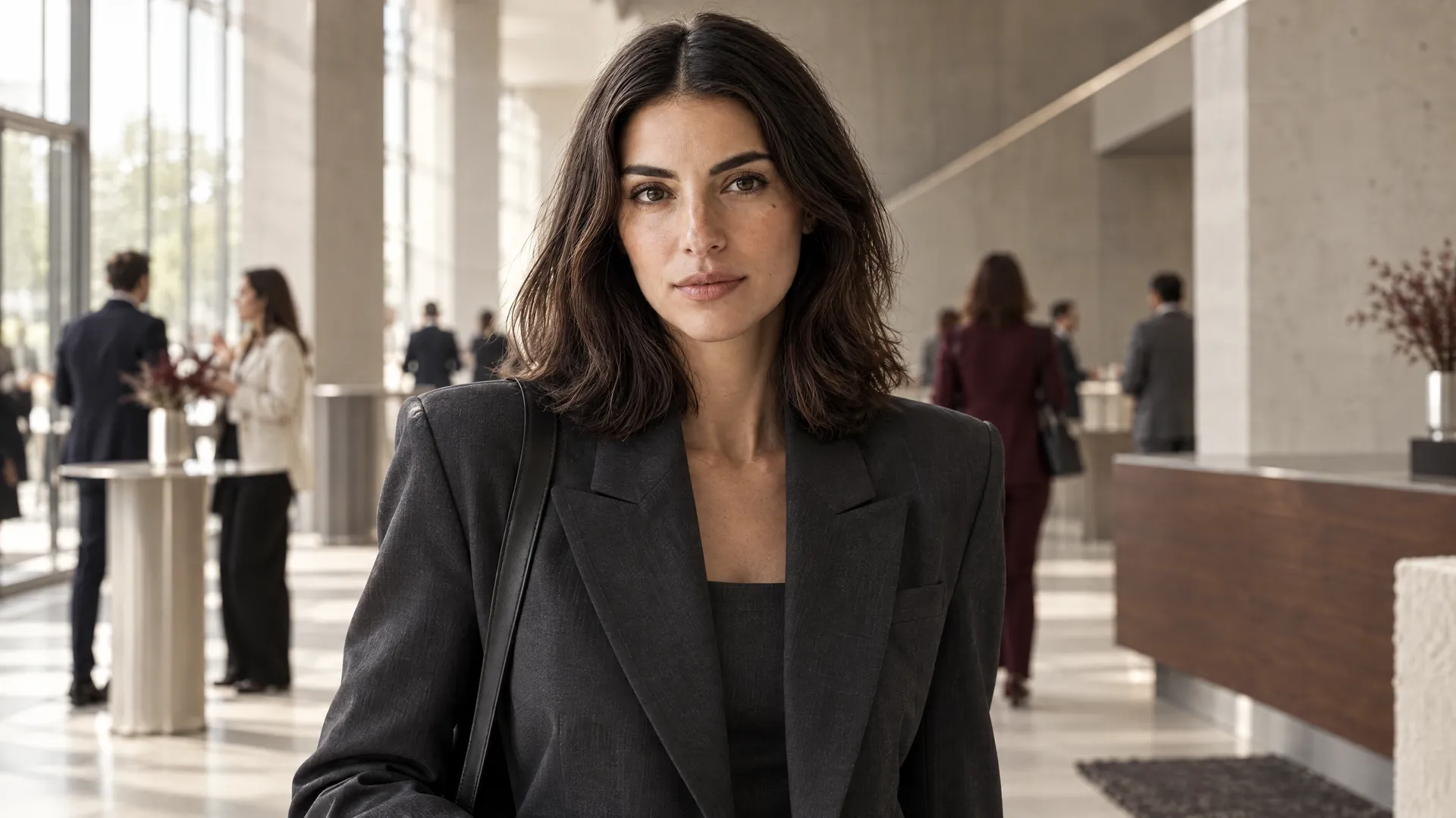 An AI-generated shot of Mara in a graphite blazer in a busy conference-venue lobby, a Round 3 location test with the crowd kept behind her; created on getimg.ai.
