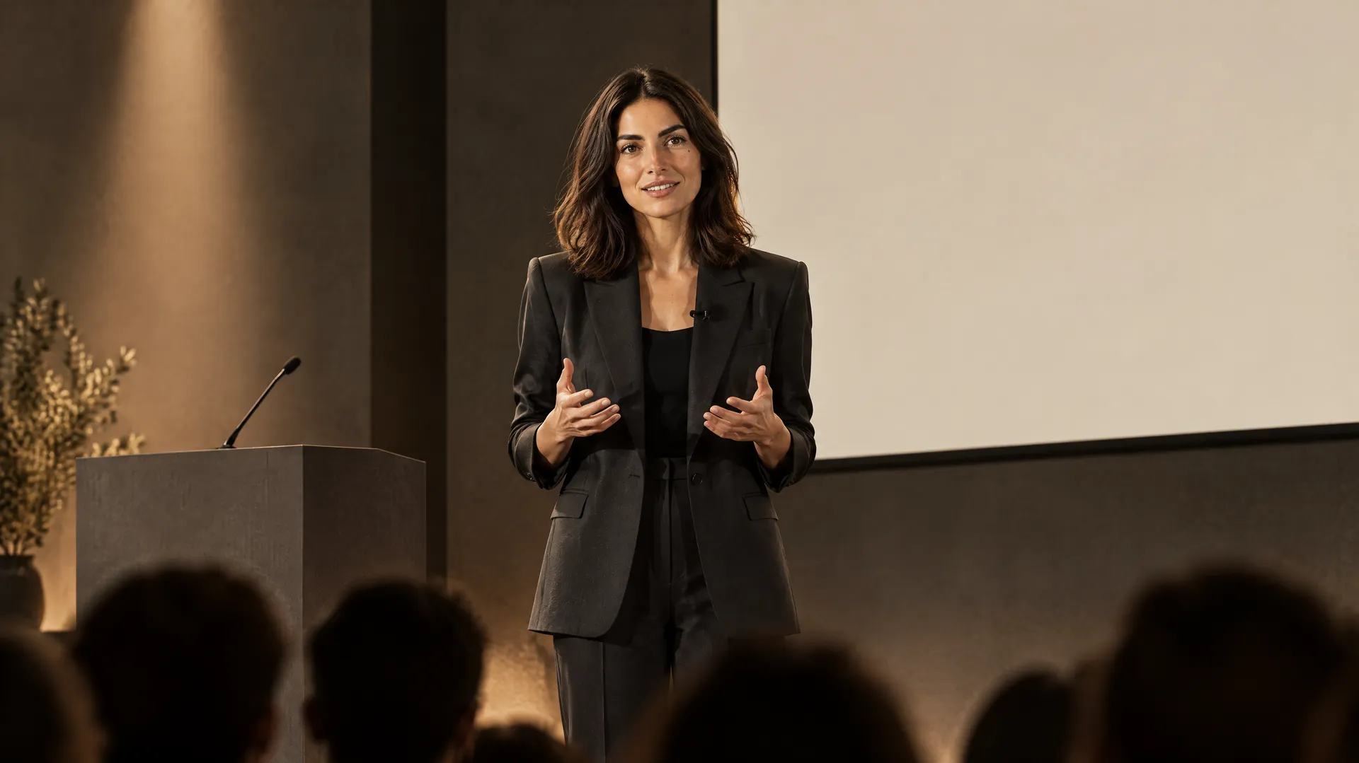 An AI-generated shot of Mara speaking on a minimal conference stage in a dark suit, lit by a warm spotlight above an audience, the Round 4 speaking-event format; created on getimg.ai.