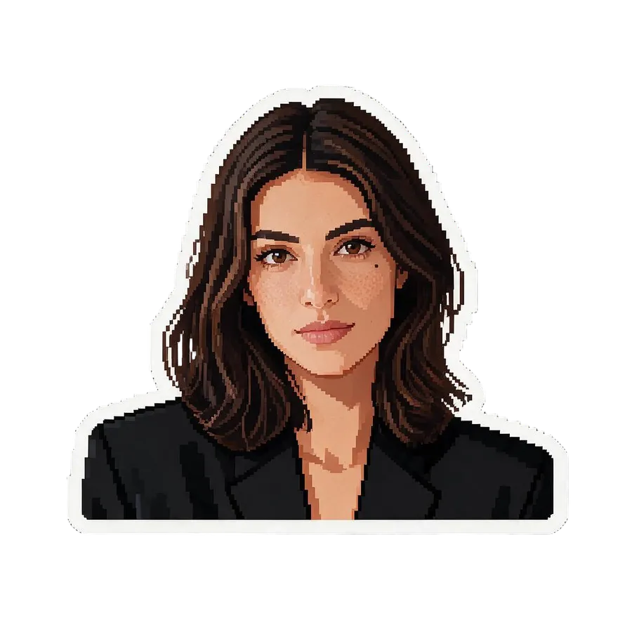 The same woman redrawn as a die-cut AI sticker in a retro pixel-art style, generated by the Sticker maker on getimg.ai.