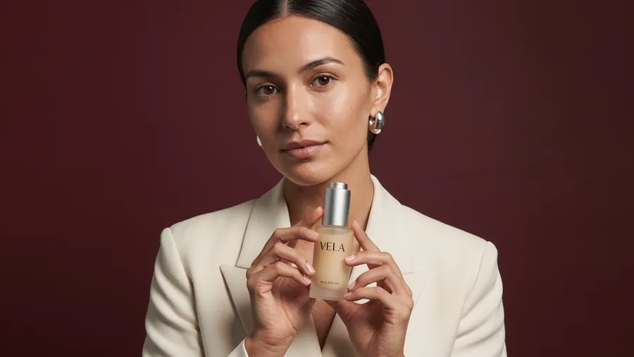 FLUX 3 output for the product interaction setup in the AI image model consistency test: a wide close-up of the woman cradling the VELA serum bottle between both hands at chest level, label facing the camera, against deep burgundy, generated on getimg.ai from one reference image