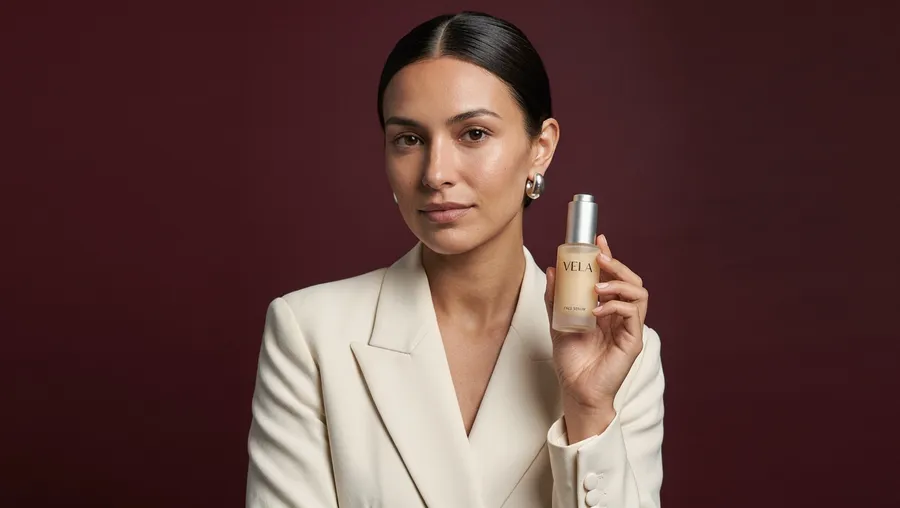 FLUX 3 output for the clean studio hero setup in the AI image model consistency test: a chest-up portrait of the woman in a cream blazer and silver hoop earrings holding the VELA serum bottle upright beside her face against deep burgundy, generated on getimg.ai from one reference image