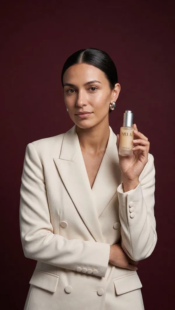 FLUX 3 output for the vertical social ad setup in the AI image model consistency test: a 9:16 three-quarter shot of the woman in a cream double-breasted blazer holding the VELA serum bottle beside her shoulder, one arm folded across her waist, against deep burgundy, generated on getimg.ai from one reference image