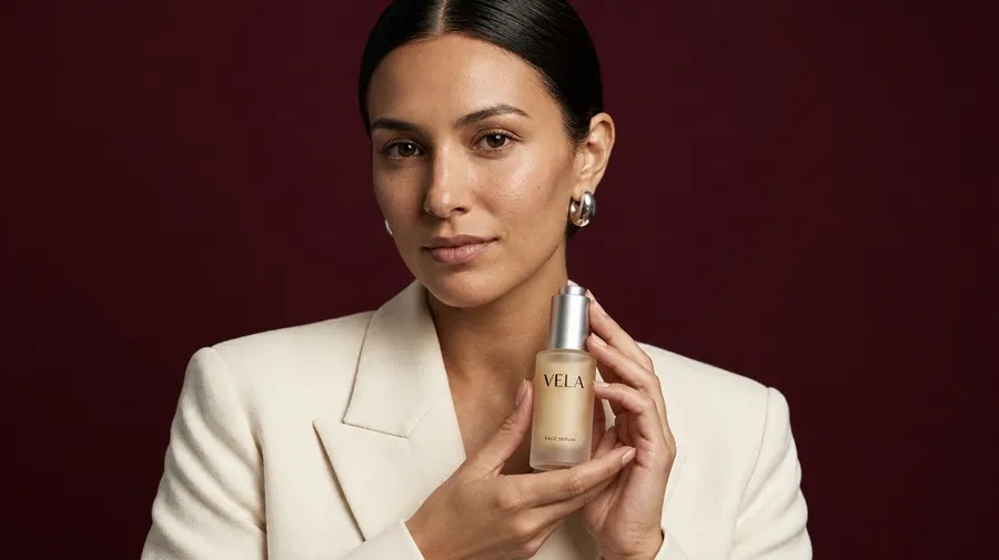 GPT Image 2.5 Flare output for the product interaction setup in the AI image model consistency test: a wide close-up of the woman holding the VELA serum bottle in both hands near her cheek against deep burgundy, generated on getimg.ai from one reference image