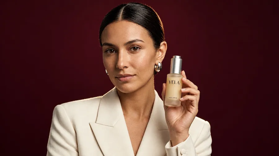 GPT Image 2.5 Flare output for the clean studio hero setup in the AI image model consistency test: a 16:9 chest-up portrait of the woman with a center-parted low bun, silver hoop earrings and a cream blazer holding the VELA serum bottle upright beside her face against deep burgundy, generated on getimg.ai from one reference image