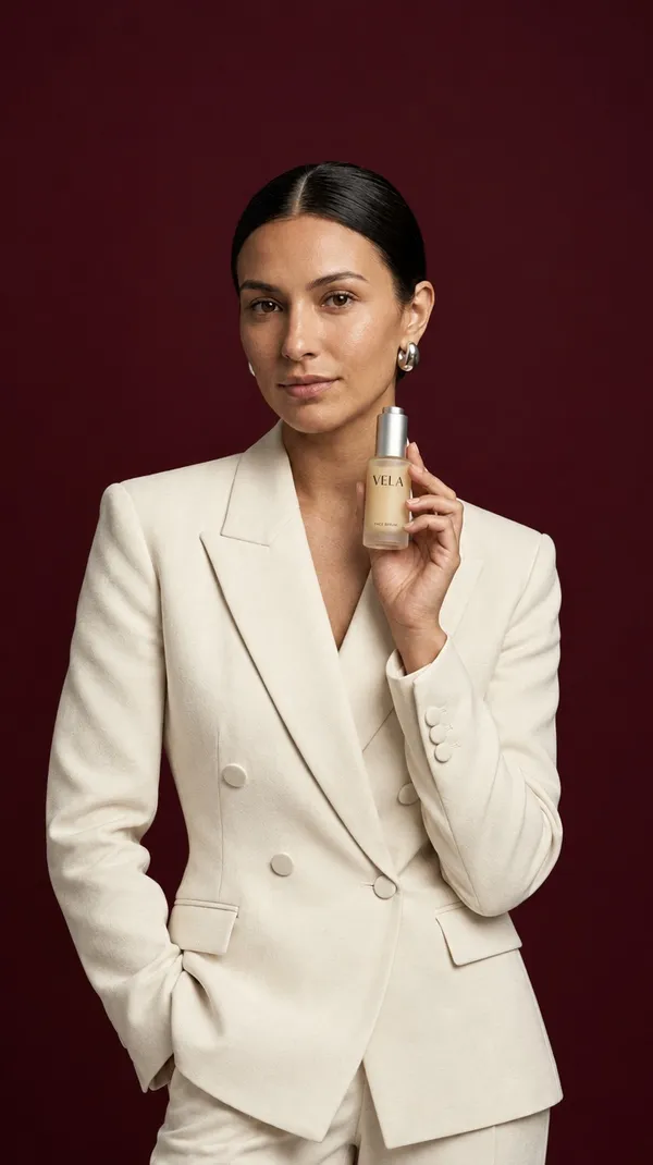 GPT Image 2.5 Flare output for the vertical social ad setup in the AI image model consistency test: a 9:16 three-quarter shot of the woman in a cream double-breasted suit holding the VELA serum bottle against deep burgundy, generated on getimg.ai from one reference image