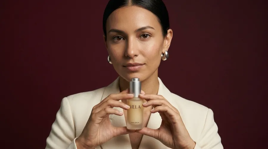 Nano Banana 2.1 output for the product interaction setup in the AI image model consistency test: a close portrait of the woman holding the VELA serum bottle centered in both hands at chest level, label and silver dropper cap facing the camera, against deep burgundy, generated on getimg.ai from one reference image