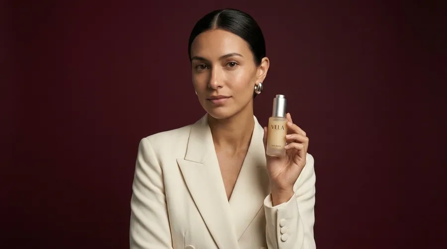 Nano Banana 2.1 output for the clean studio hero setup in the AI image model consistency test: a chest-up portrait of the woman in a cream blazer and silver hoop earrings holding the VELA serum bottle upright beside her face against deep burgundy, generated on getimg.ai from one reference image