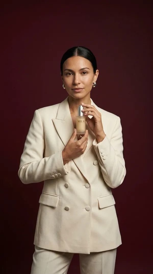 Nano Banana 2.1 output for the vertical social ad setup in the AI image model consistency test: a 9:16 three-quarter shot of the woman in a cream double-breasted suit holding the VELA serum bottle at chest height, with burgundy negative space above her head, generated on getimg.ai from one reference image