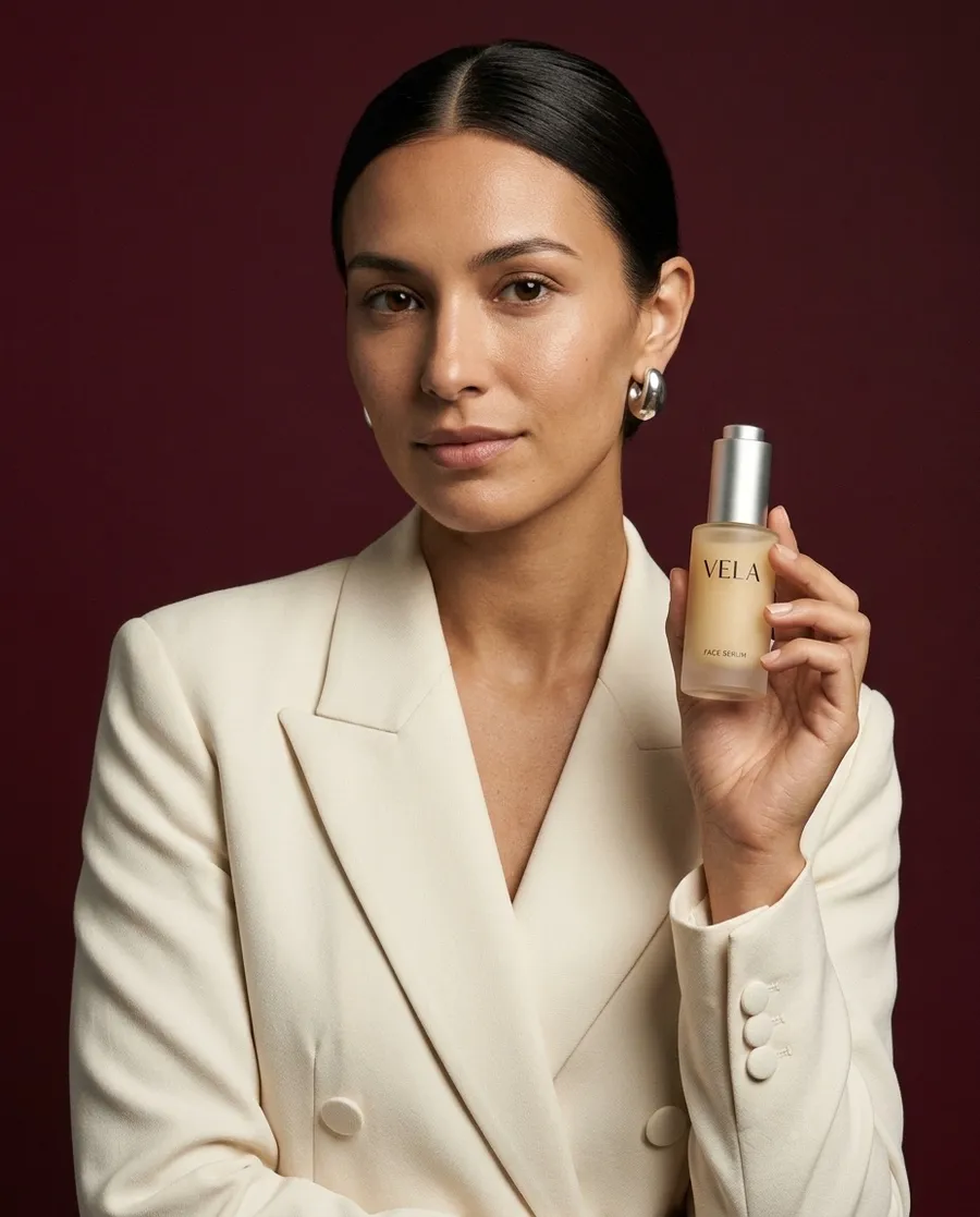 Reference image for the AI image model consistency test: a woman with a sleek center-parted low bun, silver hoop earrings and a cream double-breasted blazer holding a frosted VELA serum bottle against a deep burgundy studio backdrop, the one approved image every model had to preserve, generated on getimg.ai