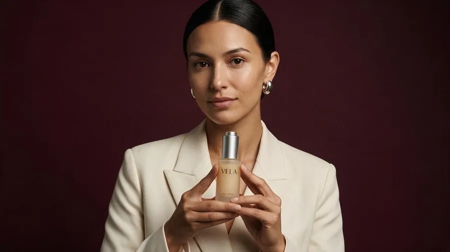 Seedream 5.0 Pro output for the product interaction setup in the AI image model consistency test: a wide close-up of the woman cradling the VELA serum bottle between both hands at chest level, label facing the camera, against deep burgundy, generated on getimg.ai from one reference image