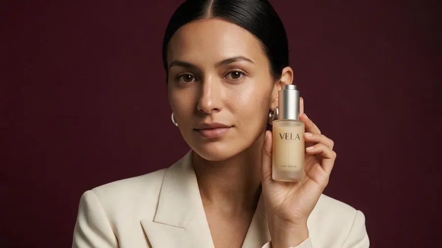 Seedream 5.0 Pro output for the clean studio hero setup in the AI image model consistency test: a chest-up portrait of the woman with a center-parted low bun, silver hoop earrings and a cream blazer holding the VELA serum bottle upright beside her cheek against deep burgundy, generated on getimg.ai from one reference image