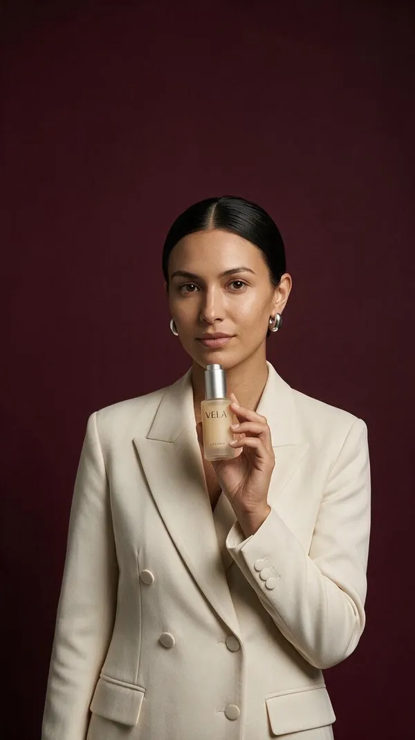 Seedream 5.0 Pro output for the vertical social ad setup in the AI image model consistency test: a 9:16 three-quarter shot of the woman in a cream double-breasted blazer holding the VELA serum bottle just below her chin, with burgundy negative space above her head, generated on getimg.ai from one reference image