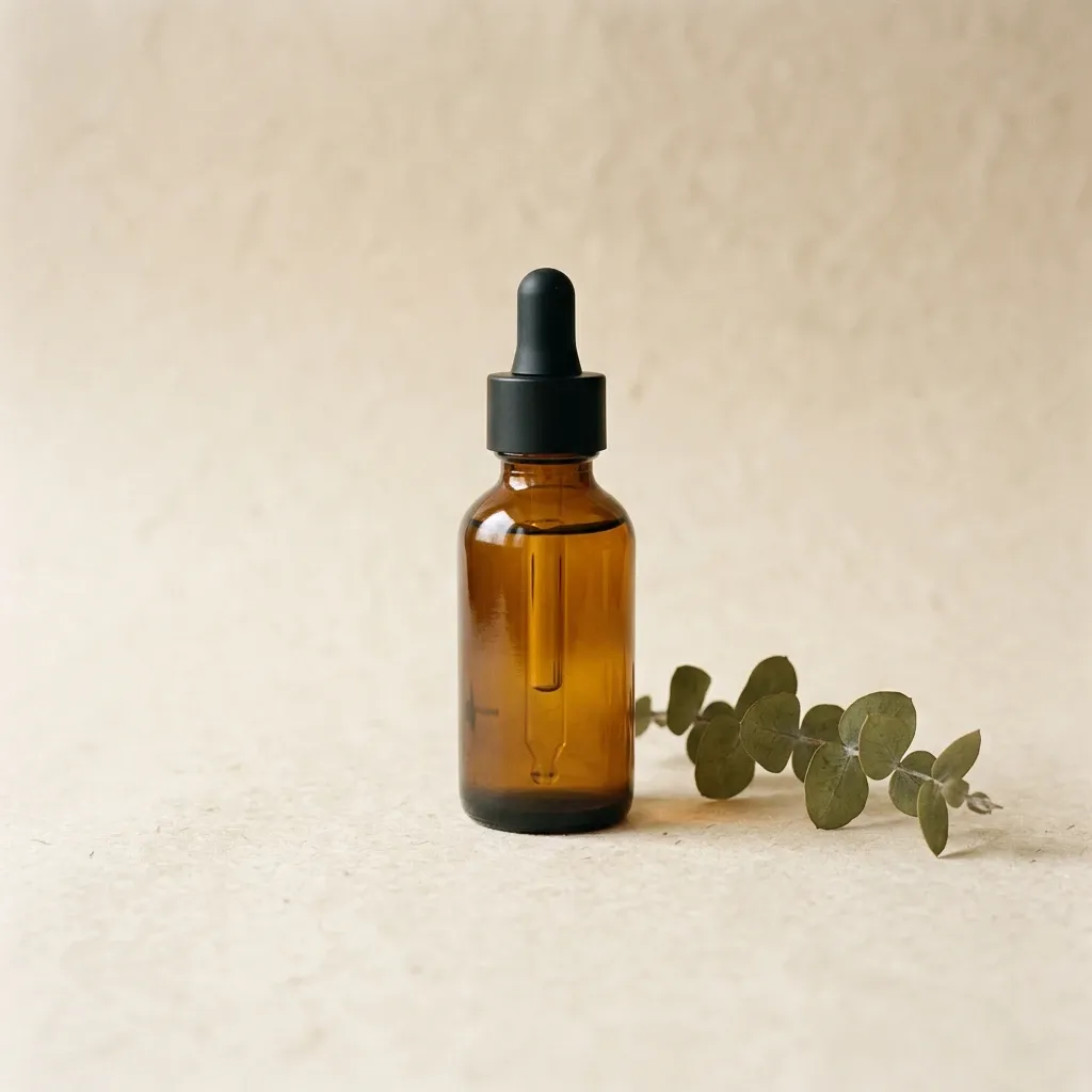 Cream-paper catalog photo of an amber skincare serum bottle with dropper, soft natural top-light