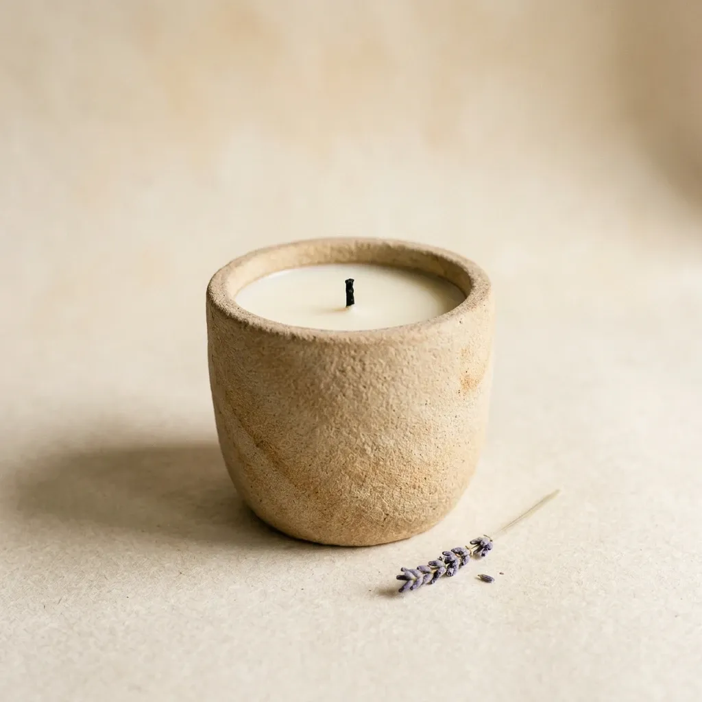 Cream-paper catalog photo of an unlit hand-poured candle in a sandstone vessel