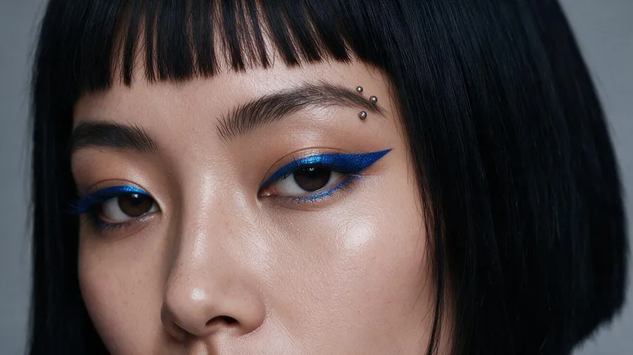 Cool-toned beauty close-up of the character's eyes, highlighting the glittering cobalt-blue winged eyeliner and silver eyebrow piercing beneath a jet-black fringe, generated with getimg.ai.