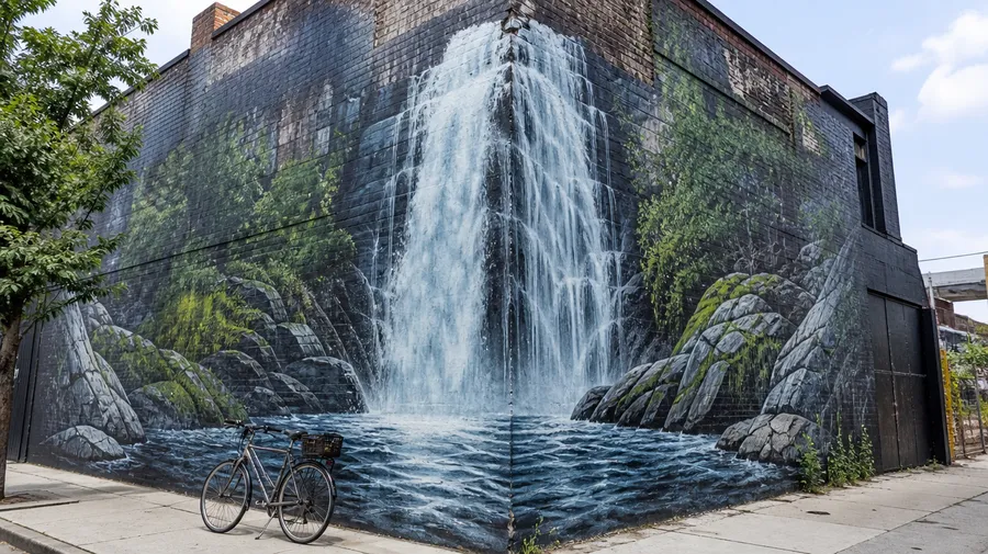 Photorealistic mural of a cascading waterfall wrapping a building corner, with a bike parked in front, created on getimg.ai