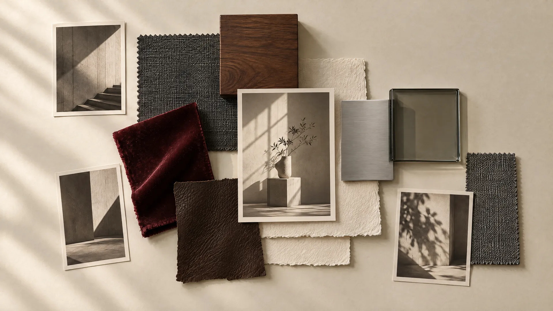 An AI-generated flat lay of Mara's brand materials, sepia prints, burgundy velvet, brown leather, walnut, brushed steel and smoked glass on cream, the fingerprint that should survive without her in frame; created on getimg.ai.