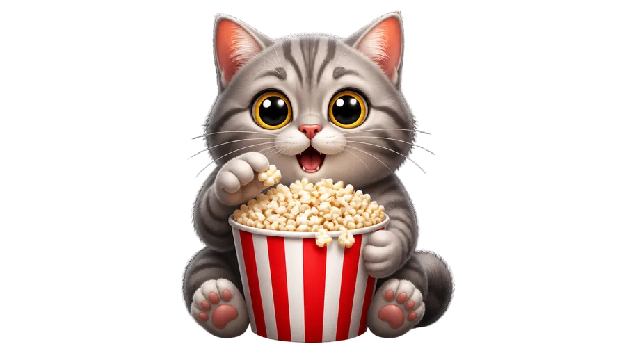 Custom emoji of a cute gray tabby kitten with big eyes hugging a red-and-white striped popcorn bucket, in a glossy 3D style. A popcorn "watching the drama" reaction emoji generated with getimg.ai's AI emoji maker.