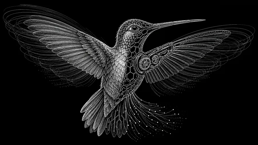 White-on-black line art of a hummingbird in flight with clockwork gears in its body, generated with getimg.ai's AI line art generator