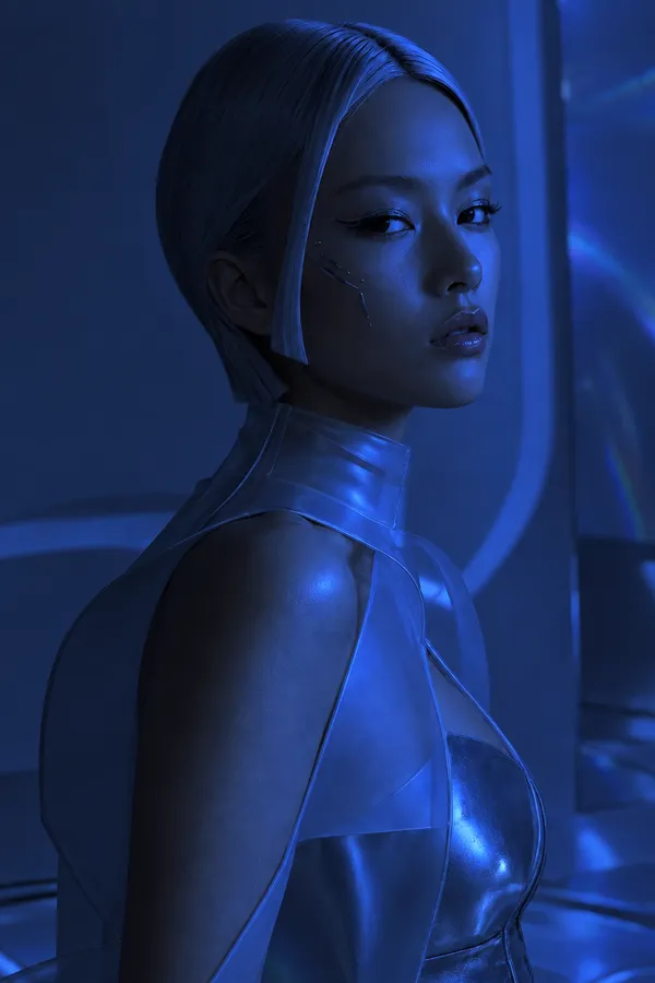 AI relighting example from the Relight Action on getimg.ai: the same futuristic portrait relit in deep, low-key blue side light that leaves strong shadows across her face and silver outfit.