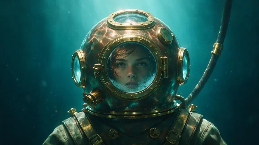 Atmospheric avatar of a person inside a vintage brass deep-sea diving helmet, underwater, created with getimg.ai