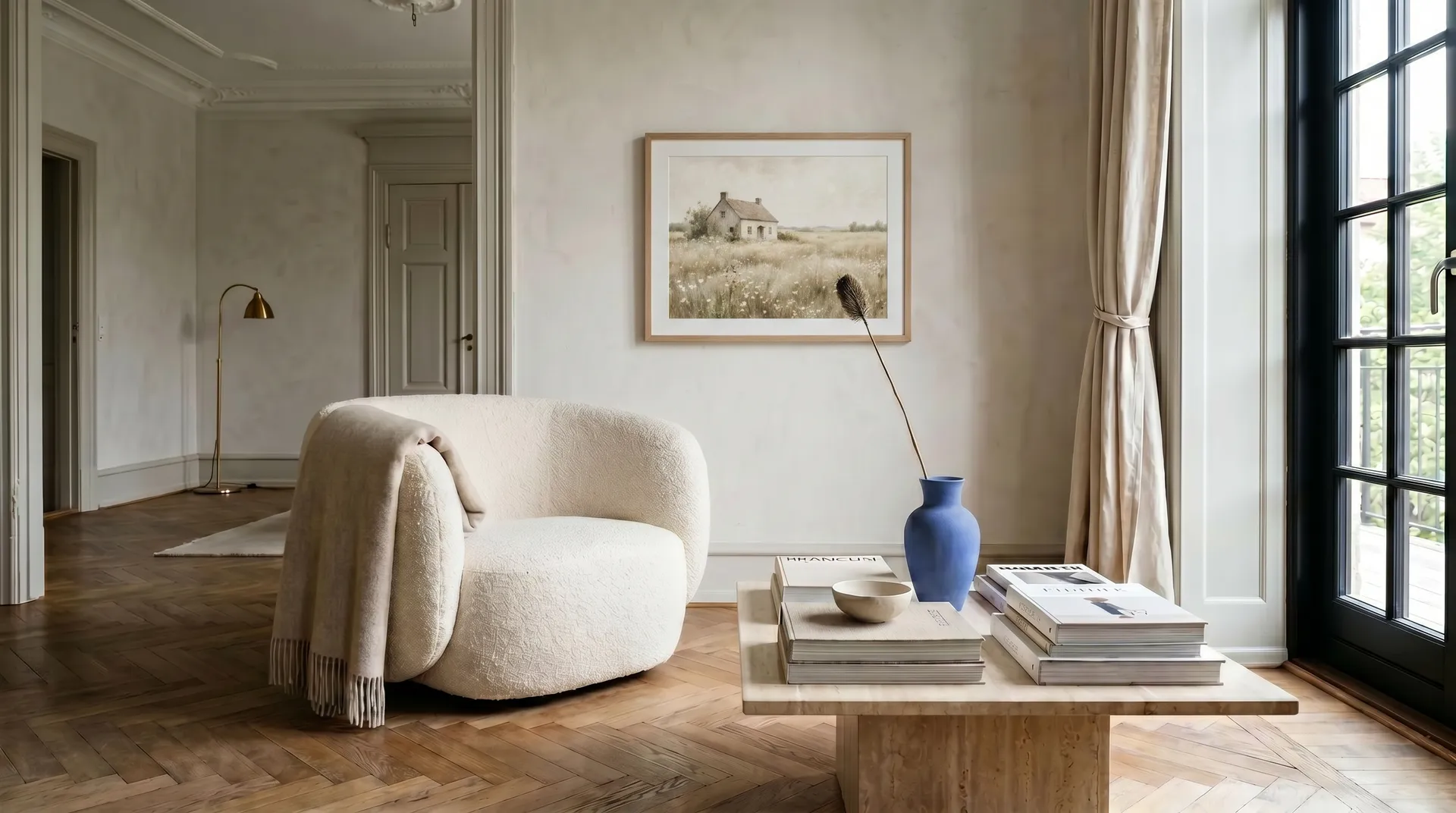 cream interior with a muted cobalt ceramic vase