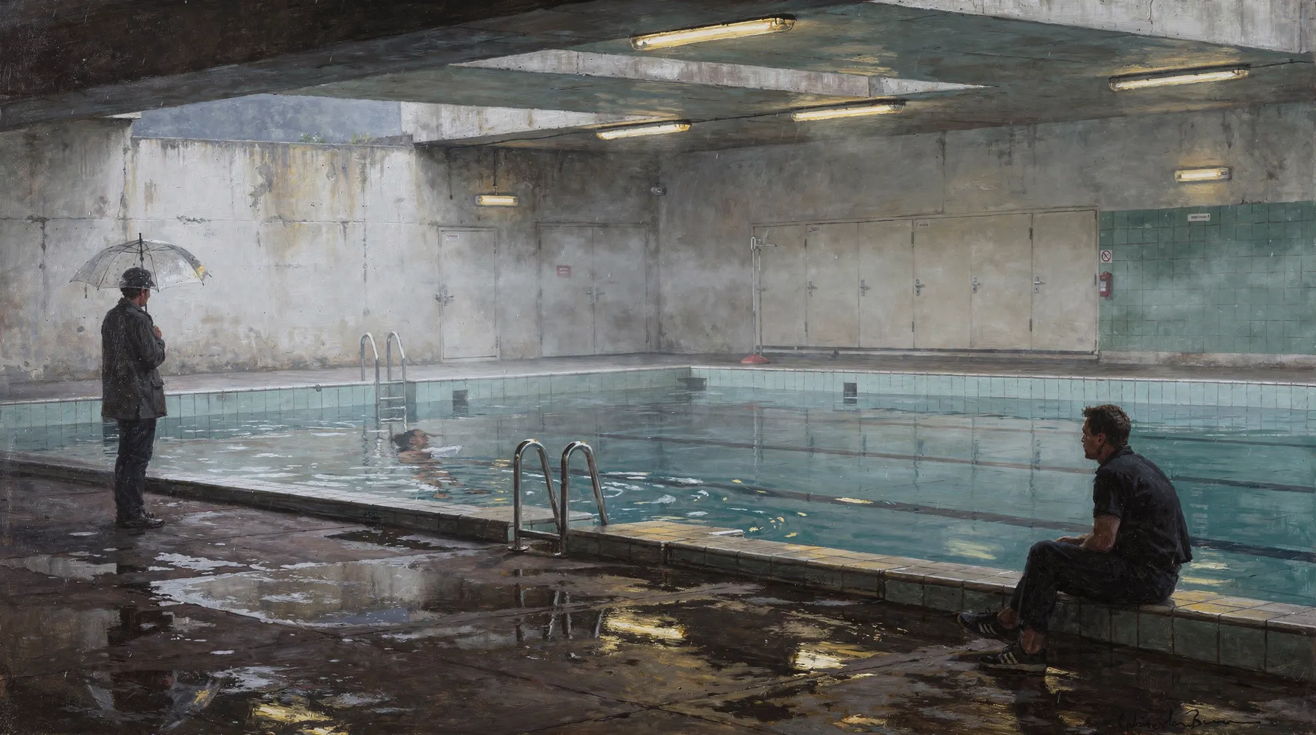 AI-generated photorealistic oil painting of a deserted indoor municipal swimming pool, with a figure under a clear umbrella and a man seated at the water's edge under fluorescent light, created with getimg.ai.