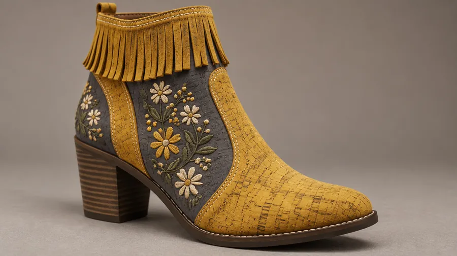 Block-heel ankle boot concept in mustard and slate cork with embroidered panels and fringe